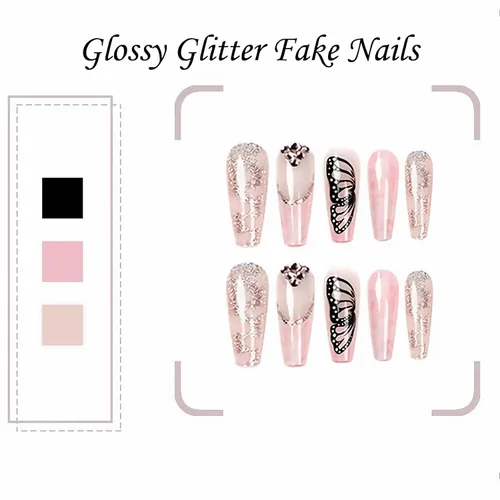 Miniatura 3 de Uñas postizas largas a presión con forma de ataúd, uñas postizas de bailarina, mariposa rosa, diamantes de imitación, uñas acrílicas con purpurina
