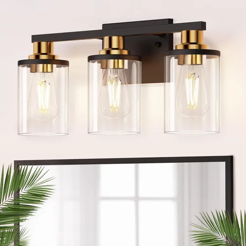 DORESshop Lámparas de baño, 3 luces negras y doradas para baño sobre espejo con pantalla de vidrio transparente, luces de tocador para baño, Negro y