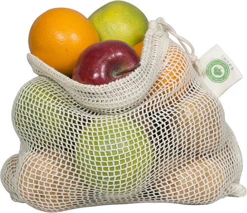 Miniatura 11 de Bolsas reutilizables de malla de algodón para productos – 100% algodón orgánico, duraderas, doble costura, lavables con peso de tara y cordón