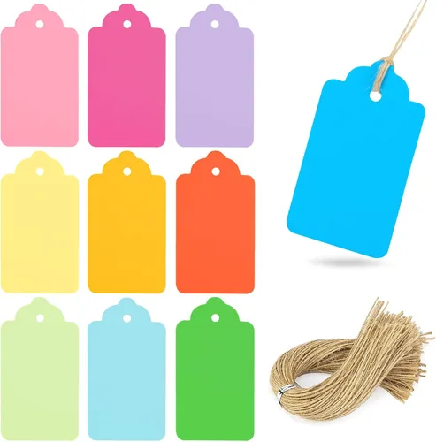 Koogel 100 etiquetas de regalo con cuerdas (3.3 x 1.8 pulgadas), etiquetas de papel Kraft, 10 etiquetas colgantes de colores surtidos para