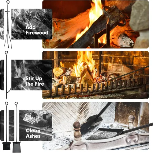Miniatura 6 de Tangkula Estante para leña de 30 pulgadas con juego de 4 herramientas, juego de almacenamiento para troncos de fuego con cepillo, pala, póker