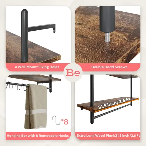 Miniatura 3 de Bestier Estante de tubería industrial flotante de 31 pulgadas, estantes montados en la pared de cocina con 8 ganchos para barra de toallas, estante