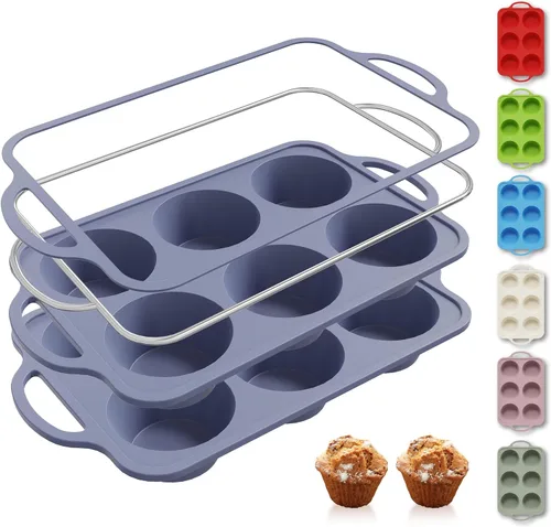 Miniatura 34 de 2 paquetes de 12 tazas de molde para magdalenas de silicona para hornear con marco reforzado de metal, molde para cupcakes de tamaño regular, Crema