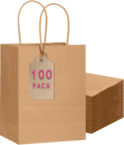 qiqee 100 bolsas de regalo de papel de tamaño mediano con asas a granel de 7.6 x 4.75 x 10.5 pulgadas, bolsas de regalo marrones para múltiples usos