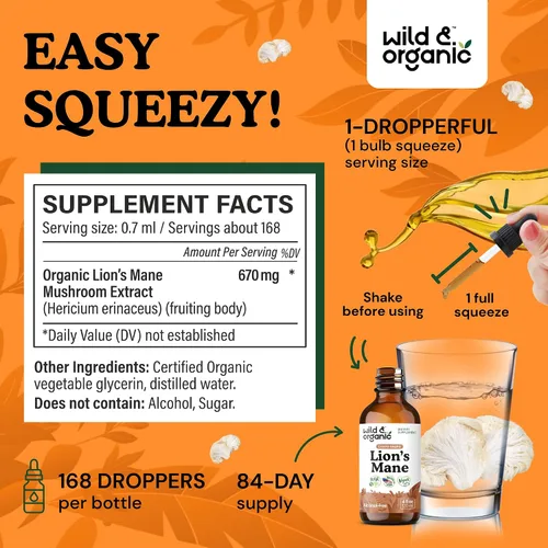Miniatura 3 de Wild & Organic Gotas líquidas de melena de leones, apoyo para el cerebro y la concentración, suplemento de hongo melena de león - Gotas de hongo