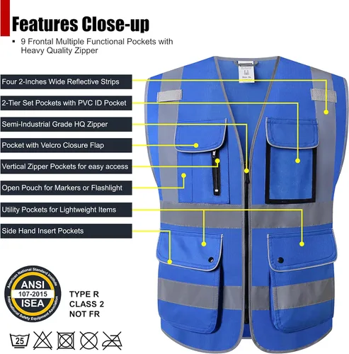 Miniatura 2 de Chalecos de seguridad retroreflectantes Clase 2 con 9 bolsillos y cremallera frontal ANSI/ISEA 107-2015 (azul-3, 2XL)