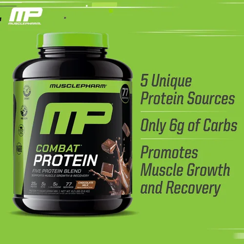 Miniatura 4 de MusclePharm - Proteína en polvo de combate, sabor a leche de chocolate, alimenta los músculos para entrenamientos productivos, 5 fuentes