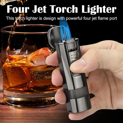 Miniatura 4 de Encendedor de llama de cuatro chorros con punzón y soporte, resistente al viento, encendedor de butano recargable multifuncional, caja de regalo