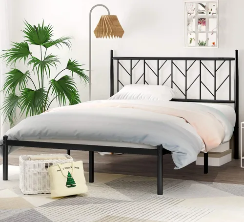 Miniatura 8 de SHA CERLIN Base de cama de metal con cabecera vintage, plataforma resistente con postes redondos, 12 pulgadas debajo de la cama para almacenamiento