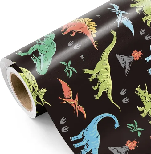 Miniatura 13 de WRAPAHOLIC - Rollo de papel de regalo de dinosaurio - Rollo mini - 17 pulgadas x 33 pies - Papel de regalo de dinosaurio verde, perfecto