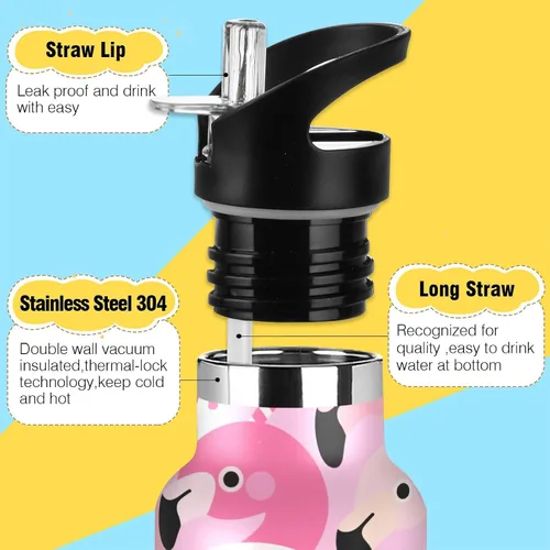 Miniatura 3 de Cartoon Cute Flamingo Pink Lightweight Insulated Water Bottle with Leak Proof Spout Lid Double Wall Vacuum Insulated Bottles for Sports, Travel, and
