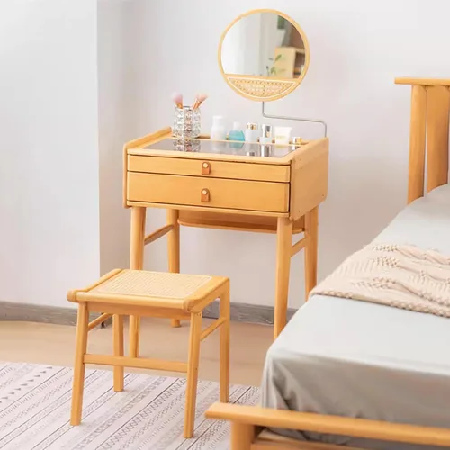 Miniatura 6 de Escritorio de maquillaje para dormitorio con espejo, tocador con 2 cajones, escritorio de tocador con silla de tocador, juego de tocador