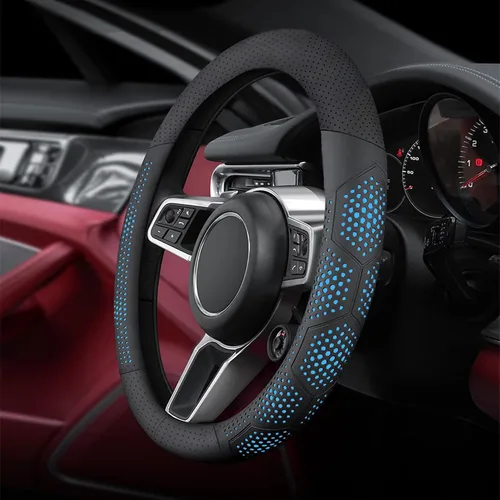 Miniatura 2 de Yangday Funda de cuero para volante de automóvil para Jeep Wrangler Grand Cherokee Compass, 14.5-15 pulgadas, funda antideslizante transpirable Azul