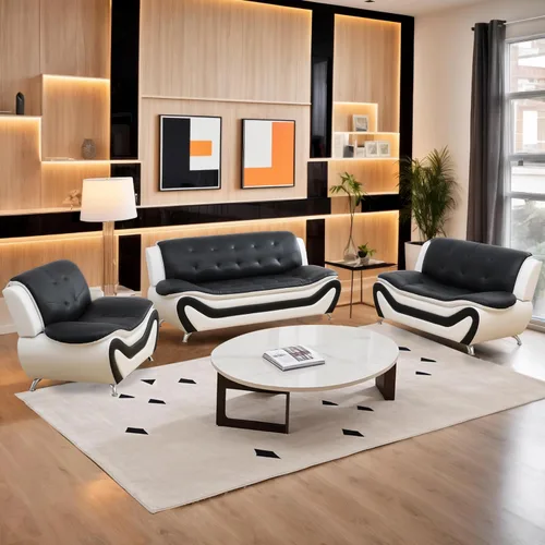 Miniatura 14 de Juego de muebles de sala de estar de 3 piezas, juego de sofá de piel sintética, juego de sofá blanco y negro para el hogar, apartamento, oficina