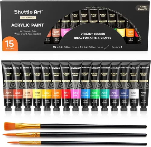 Shuttle Art Juego de pintura acrílica, tubos de 15 x 0.4 fl oz, calidad de artista, pigmentos ricos no tóxicos, colores perfectos para niños,
