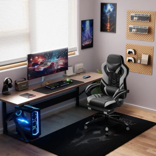 Miniatura 2 de POWERSTONE Silla para videojuegos, silla de videojuegos con reposapiés y soporte lumbar, estilo carreras, silla de computadora de piel sintética