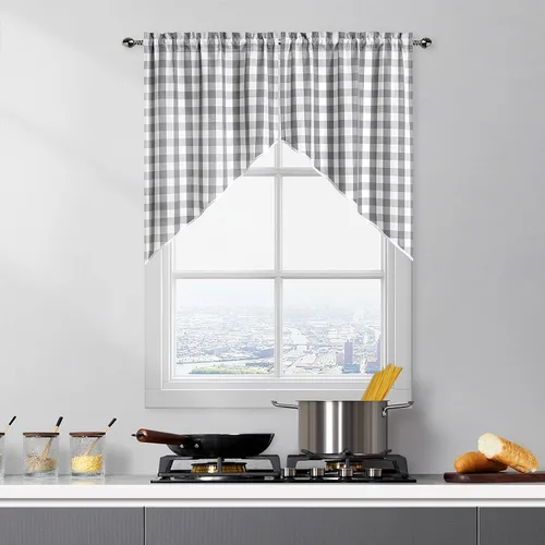 Miniatura 15 de Cortinas de Cocina Estilo Granja de Cuadros Vichy Blanco y Negro de 24 Pulgadas de Largo, Cortinas de Café de Media Ventana de Cuadros Buffalo