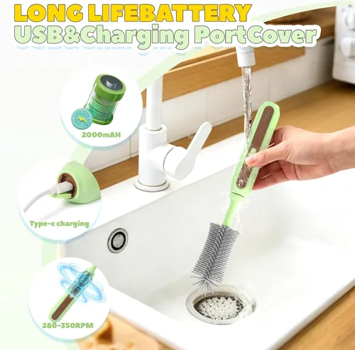 Miniatura 7 de Limpiador eléctrico de cepillos para biberones, kit de viaje 5 en 1 con bolsa de almacenamiento, silicona de grado alimenticio, batería de larga