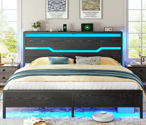 Miniatura 10 de Homkdom - Estructura de cama tamaño matrimonial con luces LED y estación de carga, estructura de cama completa con cabecero de almacenamiento, 13