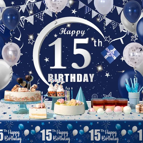 Miniatura 5 de Decoraciones de cumpleaños número 15 para niños y niñas, decoraciones de cumpleaños azul marino para niños y niñas, incluyendo decoraciones de feliz