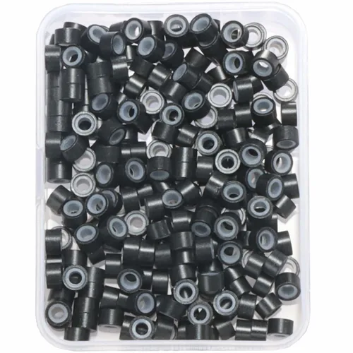 Miniatura 32 de 2500 piezas de cuentas de extensión de 5 mm negras, anillos micro con revestimiento de silicona, microenlaces punta I para extensiones de cabello