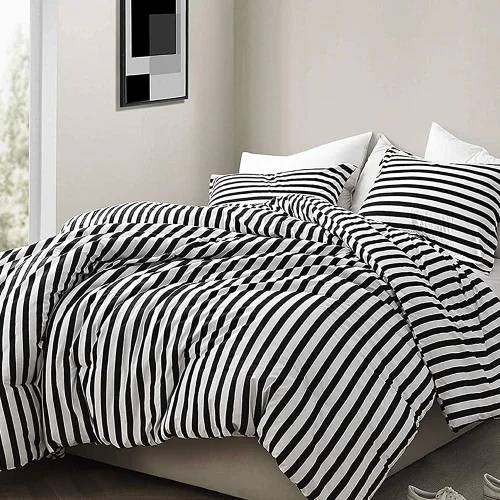 Miniatura 3 de CLOTHKNOW Juego de edredón a rayas tamaño King de 3 piezas, juego de edredón negro y blanco, edredón suave de estilo granja con 2 fundas de almohada