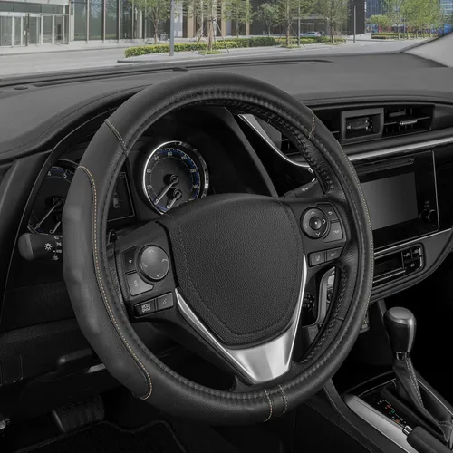 Miniatura 3 de Motor Trend GripDrive - Funda de cuero negro sintético para volante de automóvil, camión, camioneta, SUV, tamaño pequeño de 14 pulgadas, funda