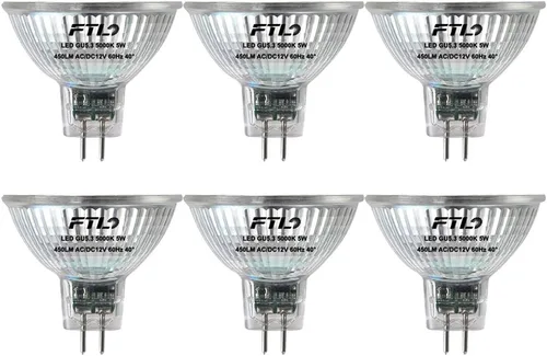 FTL Bombilla LED MR16, no regulable, 5000 K, luz diurna, vidrio blanco, 5 W, CA/CC, 12 V, 50 W, equivalente a halógeno, 500 lm, GU5.3, base bipin,