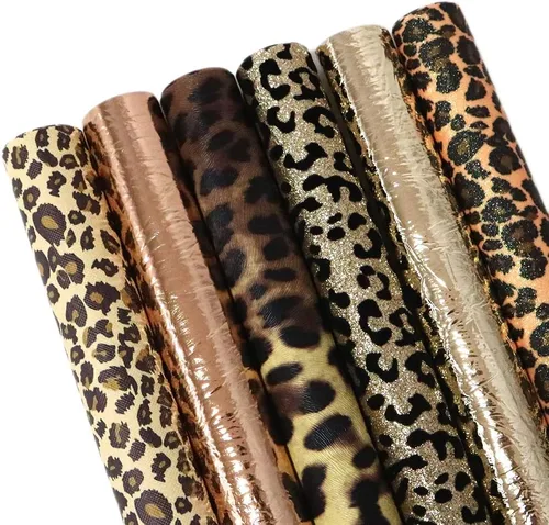 Hoja de piel sintética con estampado de leopardo metálico, tela de piel sintética con estallido metálico, surtido de 6 piezas, 7.7" x 12.9" (20 cm x