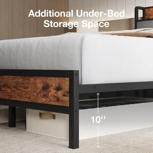 Miniatura 4 de Novilla Base de cama Queen con estación de carga USB/tipo C y cabecera de almacenamiento, marco de cama de plataforma de metal moderno, fácil