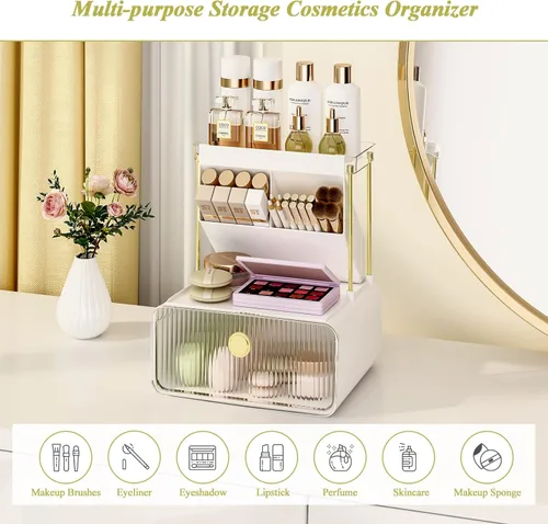 Miniatura 7 de FOLLOWIN Organizador de mostrador de baño con cajón, organizador para la parte superior de la cómoda con soporte para brochas de maquillaje, estante
