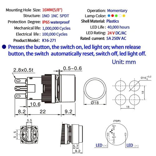 Miniatura 2 de Interruptor de botón pulsador de 0.630 in, 0.63 pulgadas, certificación UL redondo con luz LED de 24 V CC, 1 NC, SPDT, 5 pines con enchufe de Verde
