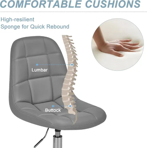 Miniatura 7 de VECELO Silla de escritorio para casa y oficina sin brazos, altura ajustable, de piel sintética PU, giratoria 360 grados con ruedas, elegante y Gris