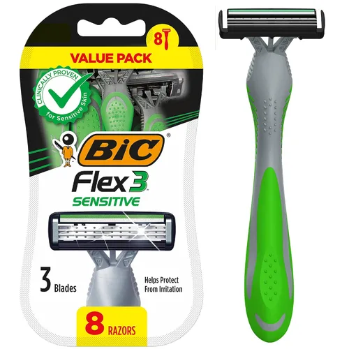 BIC Flex 3 - Maquinillas de afeitar desechables sensibles para hombres, maquinillas de afeitar con 3 cuchillas, 8 unidades