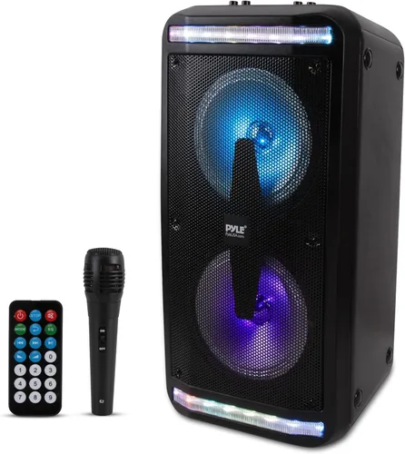 Pyle Altavoz Bluetooth y sistema de megafonía – Sistema de karaoke estéreo portátil con micrófono con cable, luces LED integradas, lectores