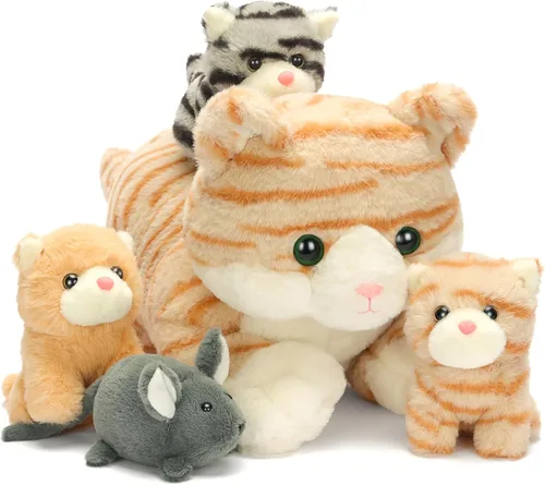 IKASA Mamá gato atigrado naranja peluche mamá y gatitos bebé juguete de peluche lindo 16.5 pulgadas suave mamá pequeña juguete familiar con pequeños