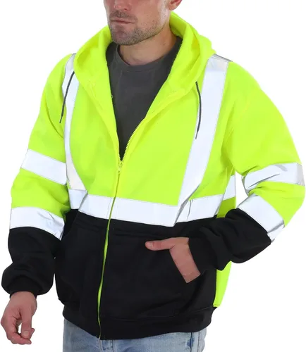 Miniatura 15 de SEsafety Sudadera con capucha con cremallera de alta visibilidad, sudadera de seguridad reflectante clase 3 con parte inferior negra, chaqueta