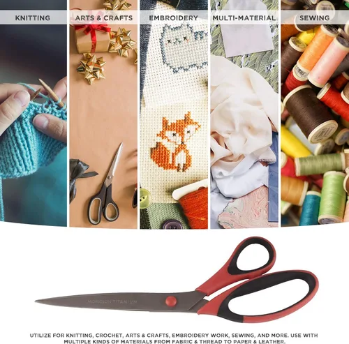 Miniatura 24 de BambooMN Juego de tijeras de titanio Softgrip para costura, arte, manualidades, oficina, 1 juego de 3 unidades, rojo con incrustaciones negras 3
