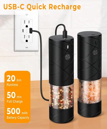 Miniatura 3 de Juego de molinillo de sal y pimienta eléctrico recargable - Capacidad extra grande - Molinillos de pimienta negra y sal marina automáticos