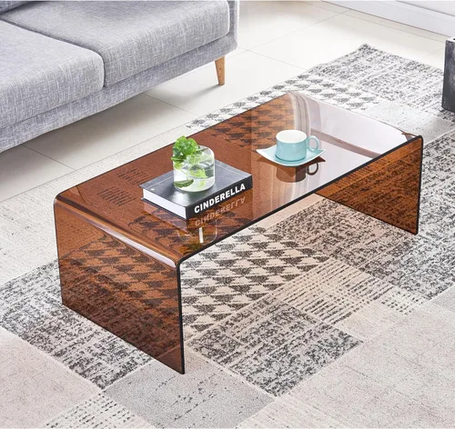 Miniatura 4 de Mesa de café de vidrio SMARTIK, mesas de café ámbar modernas para sala de estar, pequeña mesa auxiliar rectangular de vidrio templado con efecto