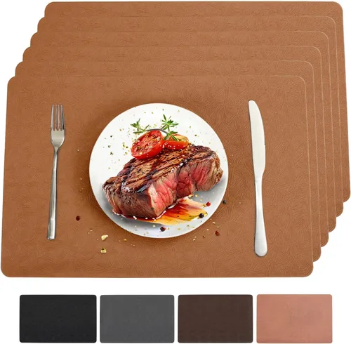 Miniatura 33 de Juego de 6 manteles individuales de vinilo, resistentes al calor, fáciles de limpiar, antideslizantes, para mesa de comedor, piel sintética, Negro