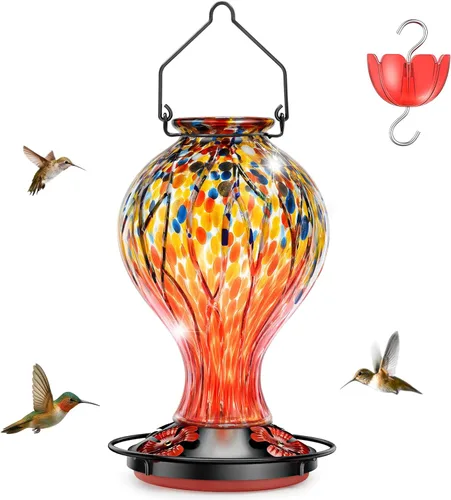 Miniatura 9 de Comedero para colibríes para exteriores – Comedero para pájaros de vidrio azul soplado a mano, a prueba de fugas, fácil de llenar y limpiar, 25