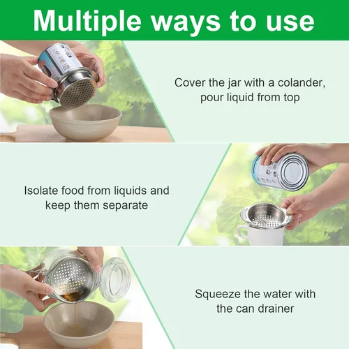 Miniatura 3 de Patelai Colador de latas de atún de acero inoxidable, tamiz de alimentos, tapa de prensa de metal, colador de enlatado, filtro de atún para frijoles