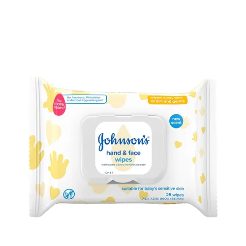Johnson's Baby Toallitas limpiadoras para manos y cara para eliminar el 95% de los gérmenes y la suciedad de la piel, toallitas prehumedecidas