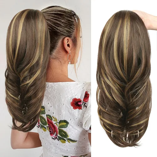 Miniatura 14 de SEIKEA Extensión de cola de caballo versátil con cordón, 26" de largo, cabello ondulado multicapa, clip para cola de caballo, extensiones de pelo
