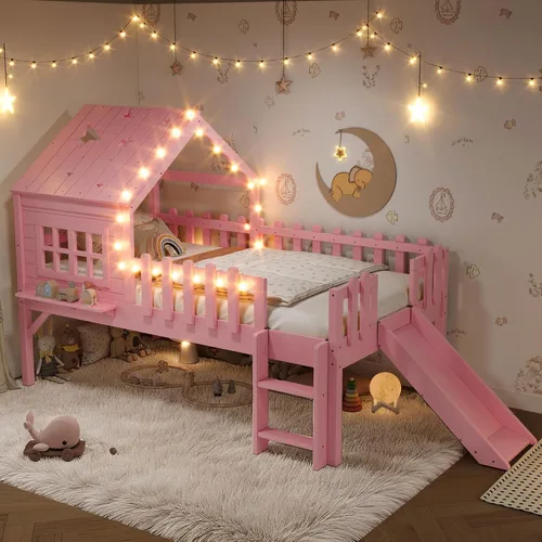 Miniatura 29 de Marco de cama de tamaño matrimonial para niños con escaleras, bonito techo y ventana en forma de estrella para niños y niñas, cama de plataforma