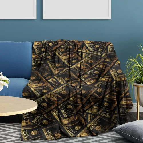 GUBIYU Manta de franela con estampado de billetes de 100 dólares, color negro y dorado, ligera, suave, acogedora, mullida, manta decorativa de