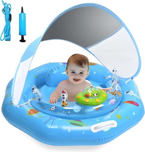 Flotador de piscina para bebé con toldo, flotador inflable para bebé con protección solar UPF50+, flotador de piscina infantil con consola de juegos