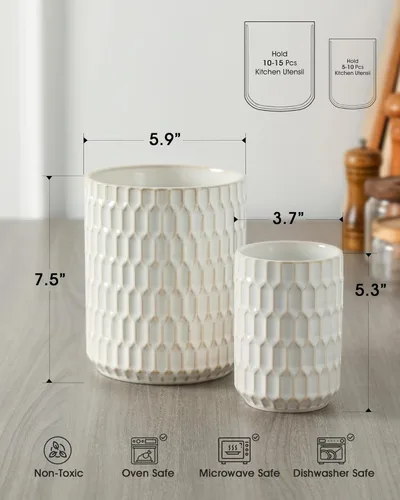 Miniatura 2 de Portautensilios, 7.3"+5.4" Portautensilios de Cerámica para Cocina para Encimera, Recipiente Grande para Utensilios de Cocina para Encimera de Beige