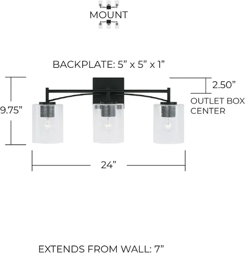 Miniatura 5 de Capital Lighting Peyton 142031MB-510 - Soporte de pared para tocador de baño de vidrio transparente industrial, 3 luces, 300 vatios en total, 10